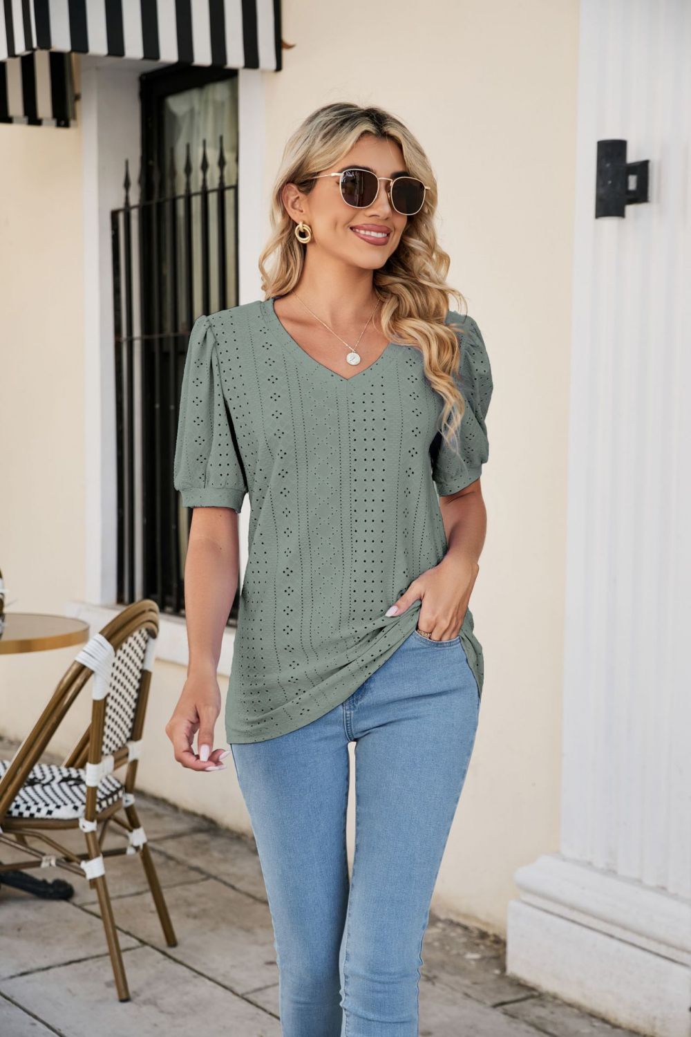 Honeybee Mumford's Eyelet Puff Sleeve V-Neck Top