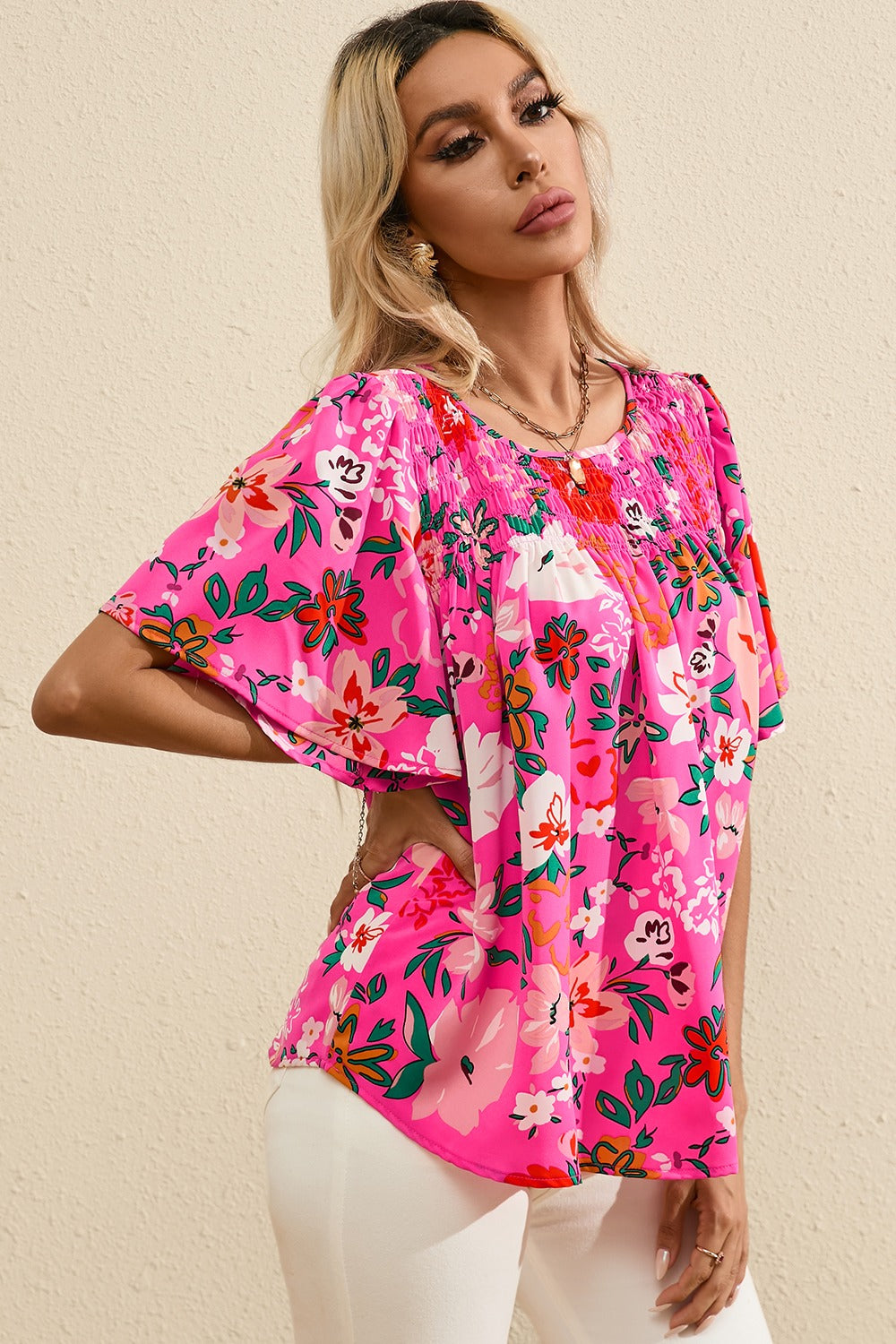 Honeybee Mumford's Smocked Printed Round Neck Half Sleeve Blouse