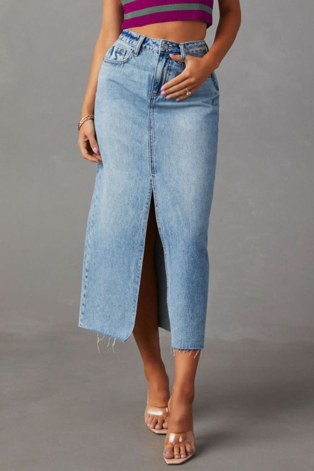 Honeybee Mumford's Slit Raw Hem Midi Denim Skirt