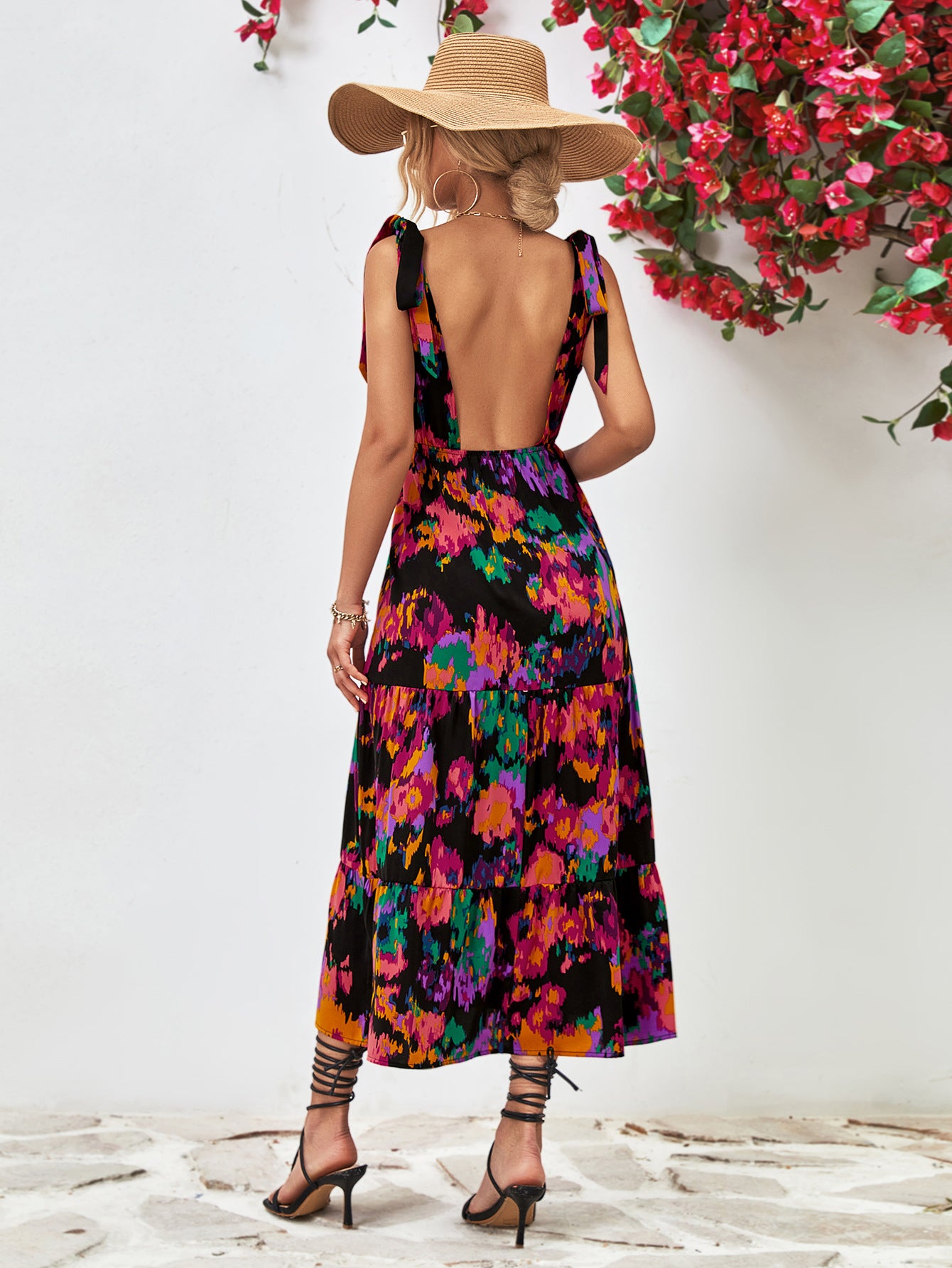 Honeybee Mumford's Multicolored V-Neck Backless Midi Dress