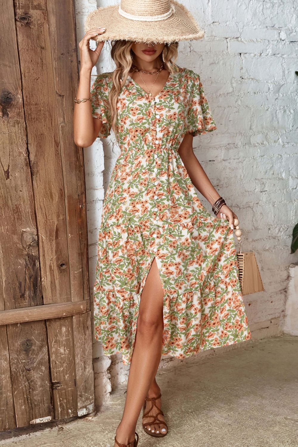 Honeybee Mumford's Floral V-Neck Front Slit Dress