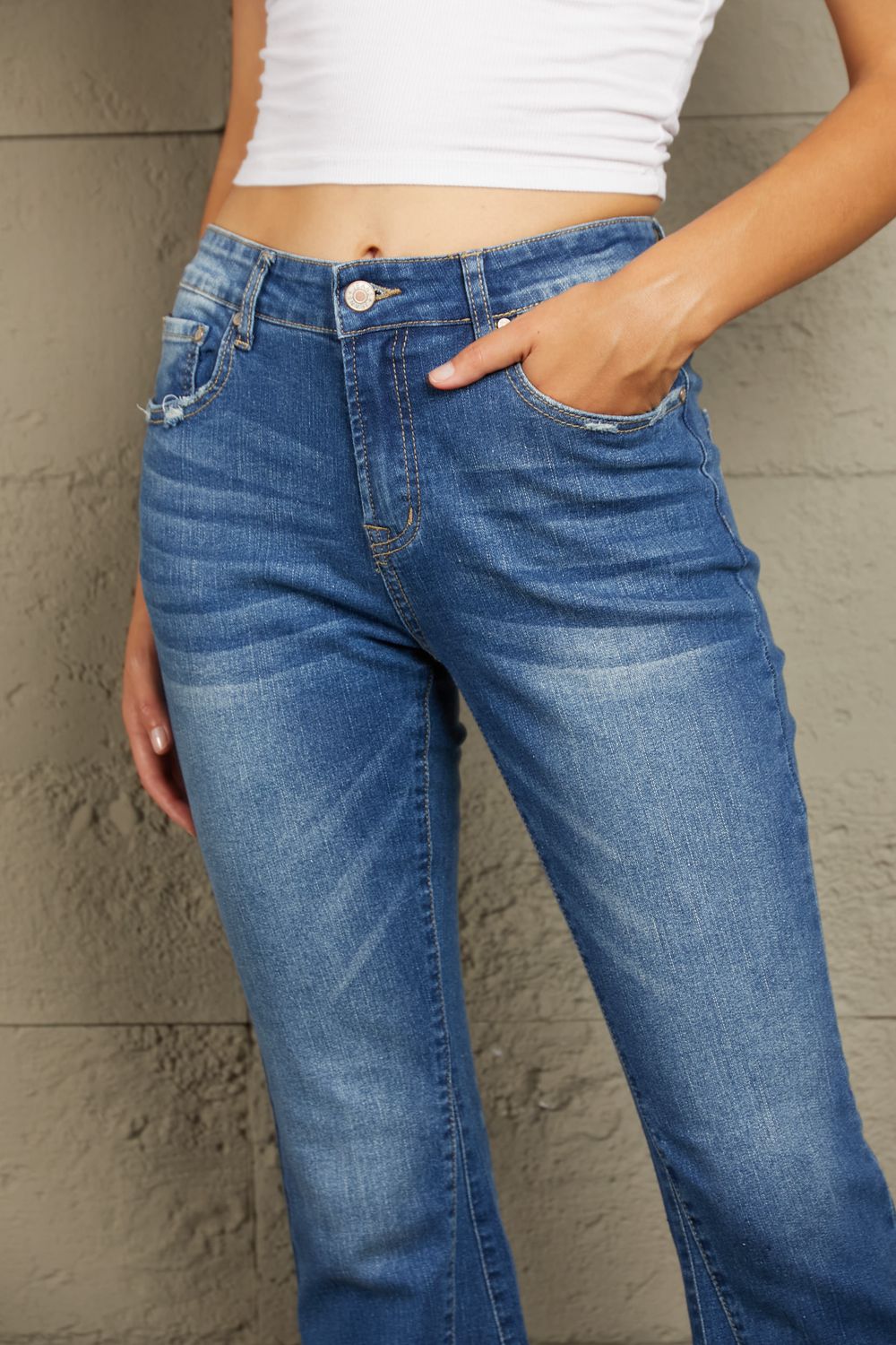 Honeybee Mumford's light or dark blue High Rise Flare Jeans with Pockets