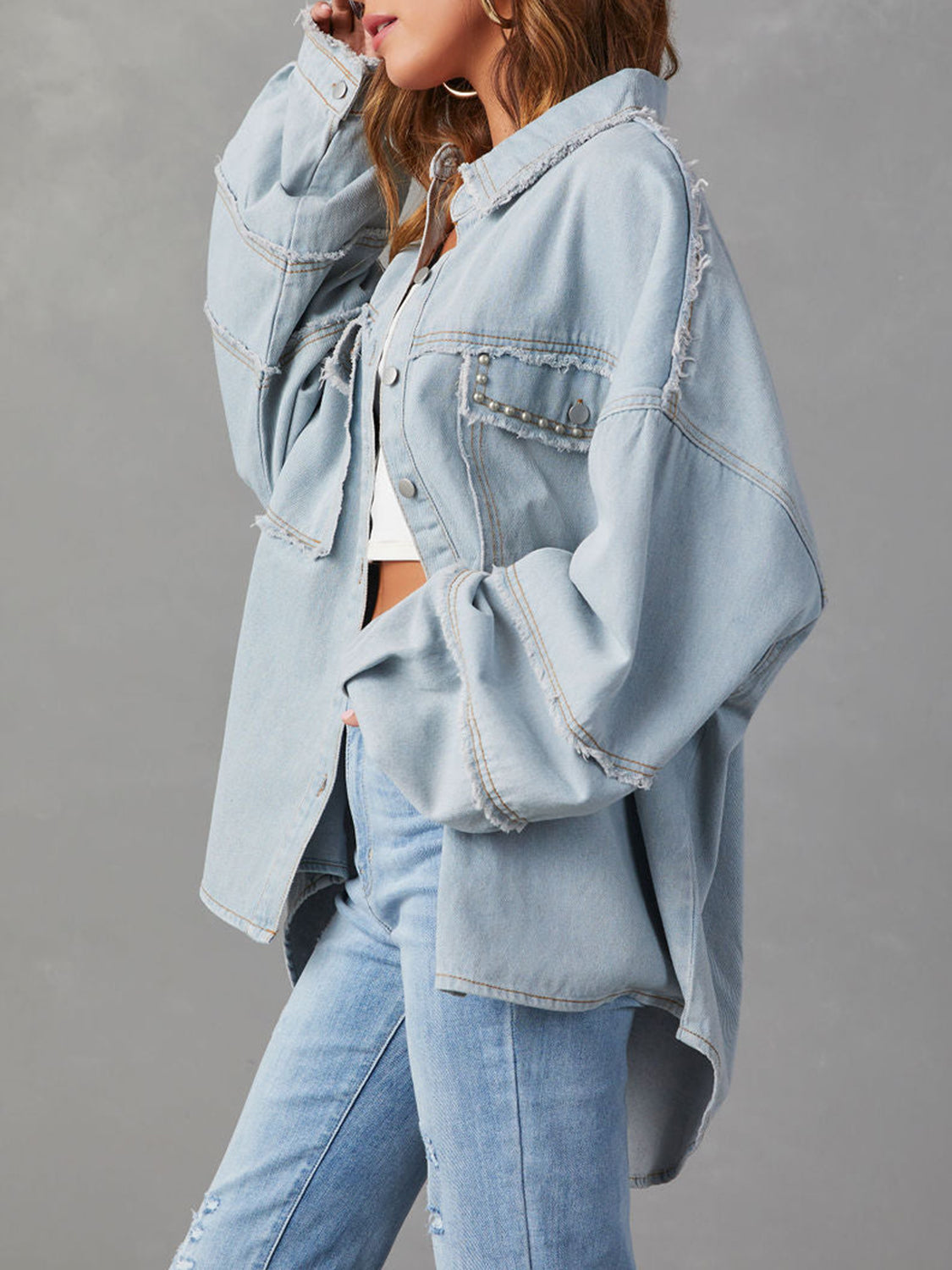 Honeybee Mumford's Button Down Denim Jacket w/Raw Hem in Ivory & Light Blue