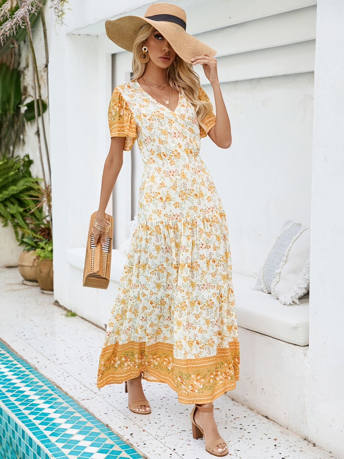 Honeybee Mumford's Yellow Short Sleeve Maxi Dress