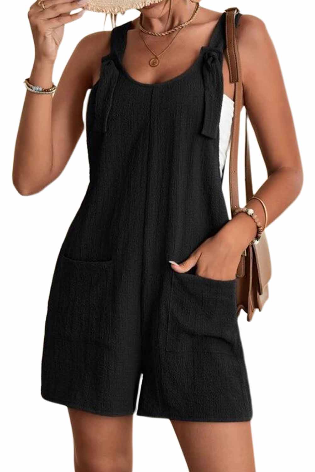 Honeybee Mumford's Black Adjustable Straps Pocketed Textured Romper