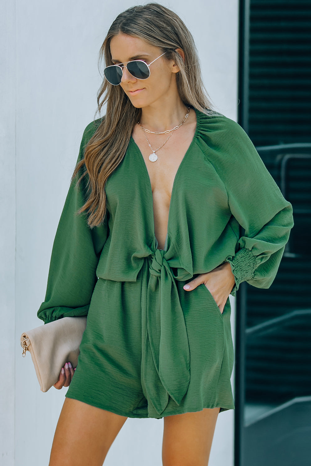 Honeybee Mumford's Green Tie Knot Puff Long Sleeve Romper