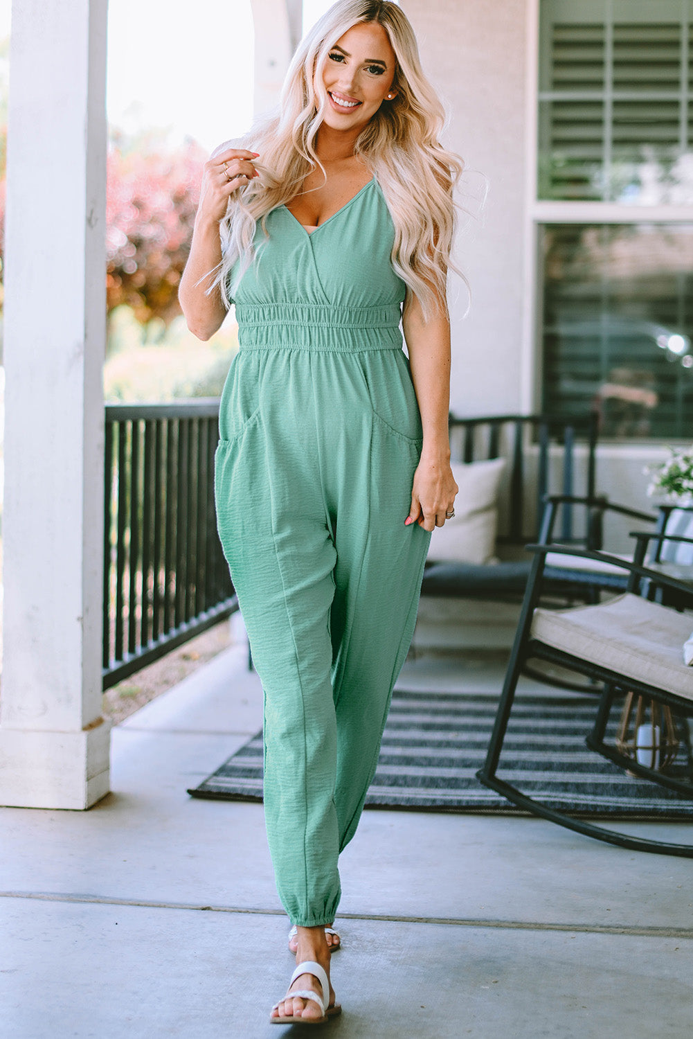 Honeybee Mumford's Green Shirred High Waist Sleeveless V Neck Jumpsuit