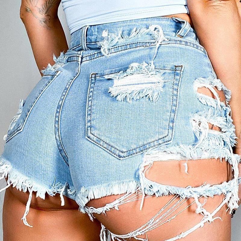 Honeybee Mumford's Light Blue Asymmetrical Distressed Denim Shorts