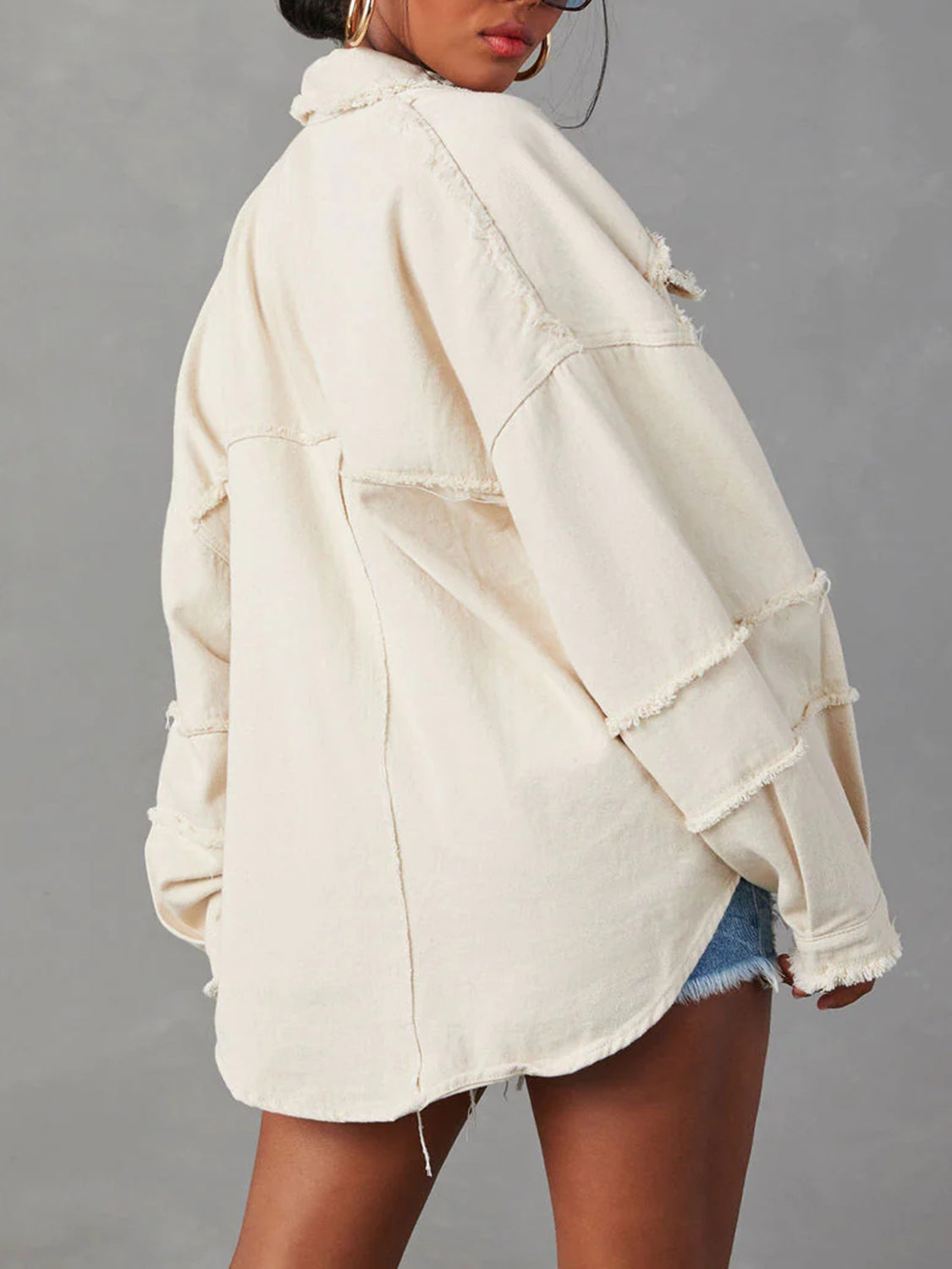 Honeybee Mumford's Button Down Denim Jacket w/Raw Hem in Ivory & Light Blue