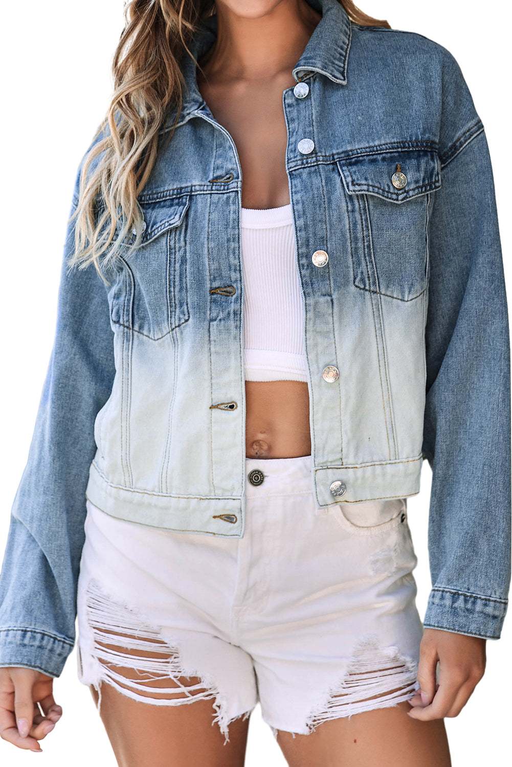 Honeybee Mumford's Sky Blue Contrast Washed Gradient Denim Jacket