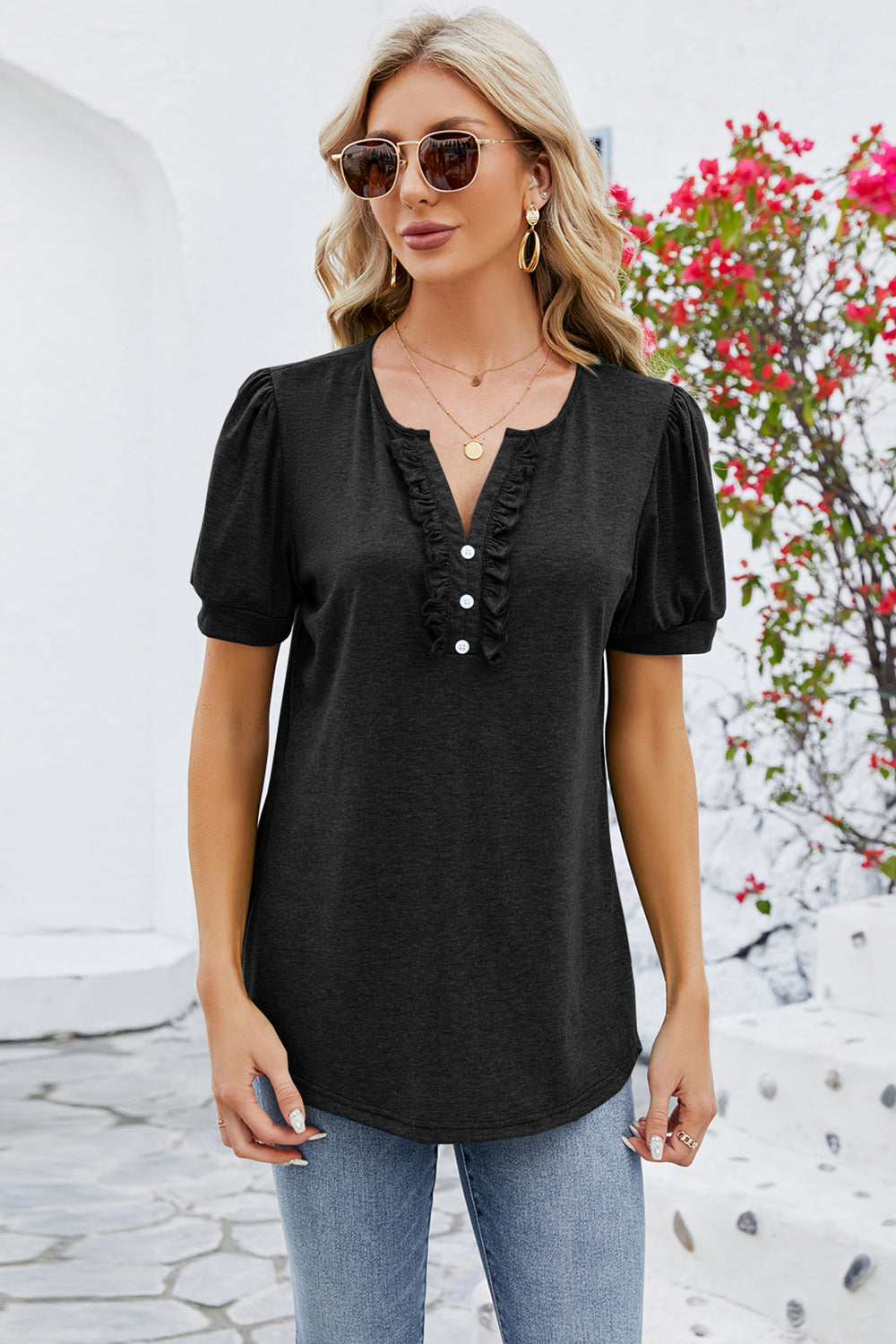 Honeybee Mumford's Frill Notched Short Sleeve Blouse