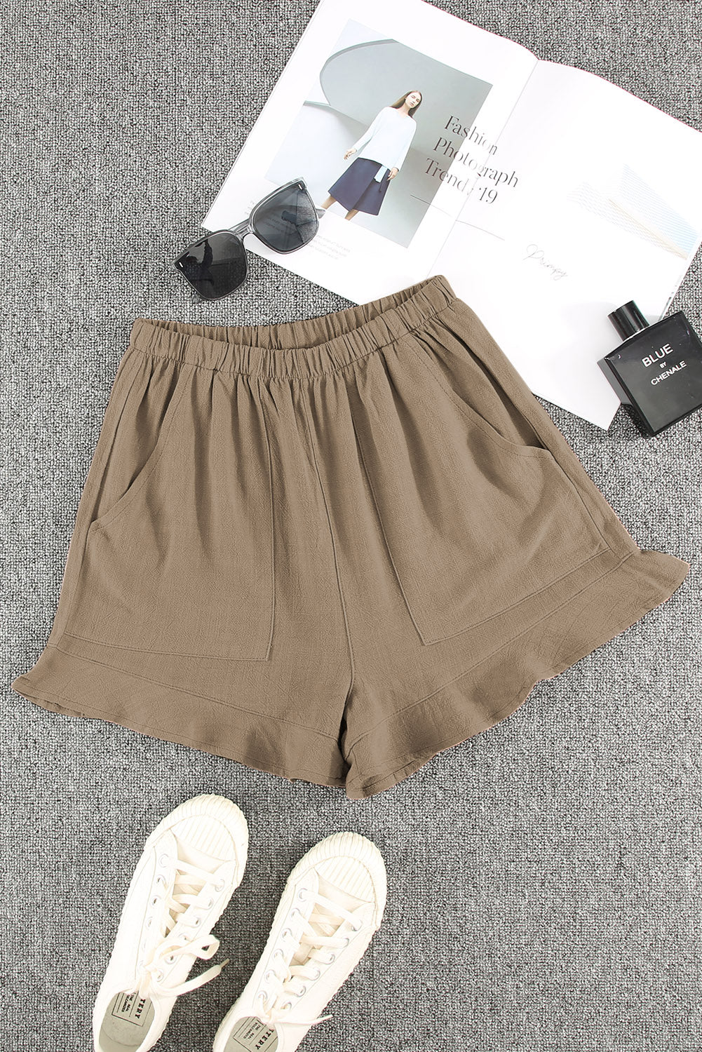 Honeybee Mumford's Khaki High Waist Pocketed Ruffle Shorts