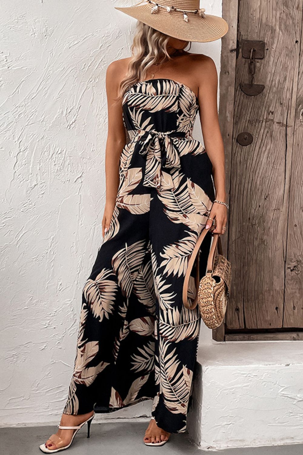 Honeybee Mumford's Printed Strapless Wide Leg Jumpsuit with Pockets