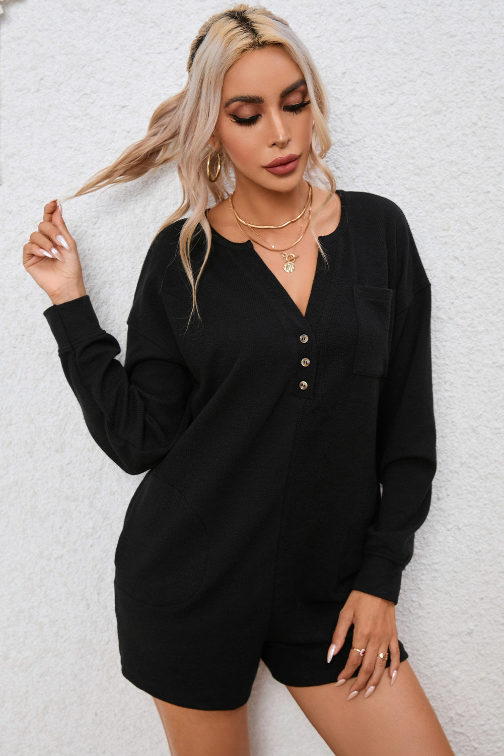 Honeybee Mumford's Black Brushed Ribbed Button Split V Neck Long Sleeve Romper