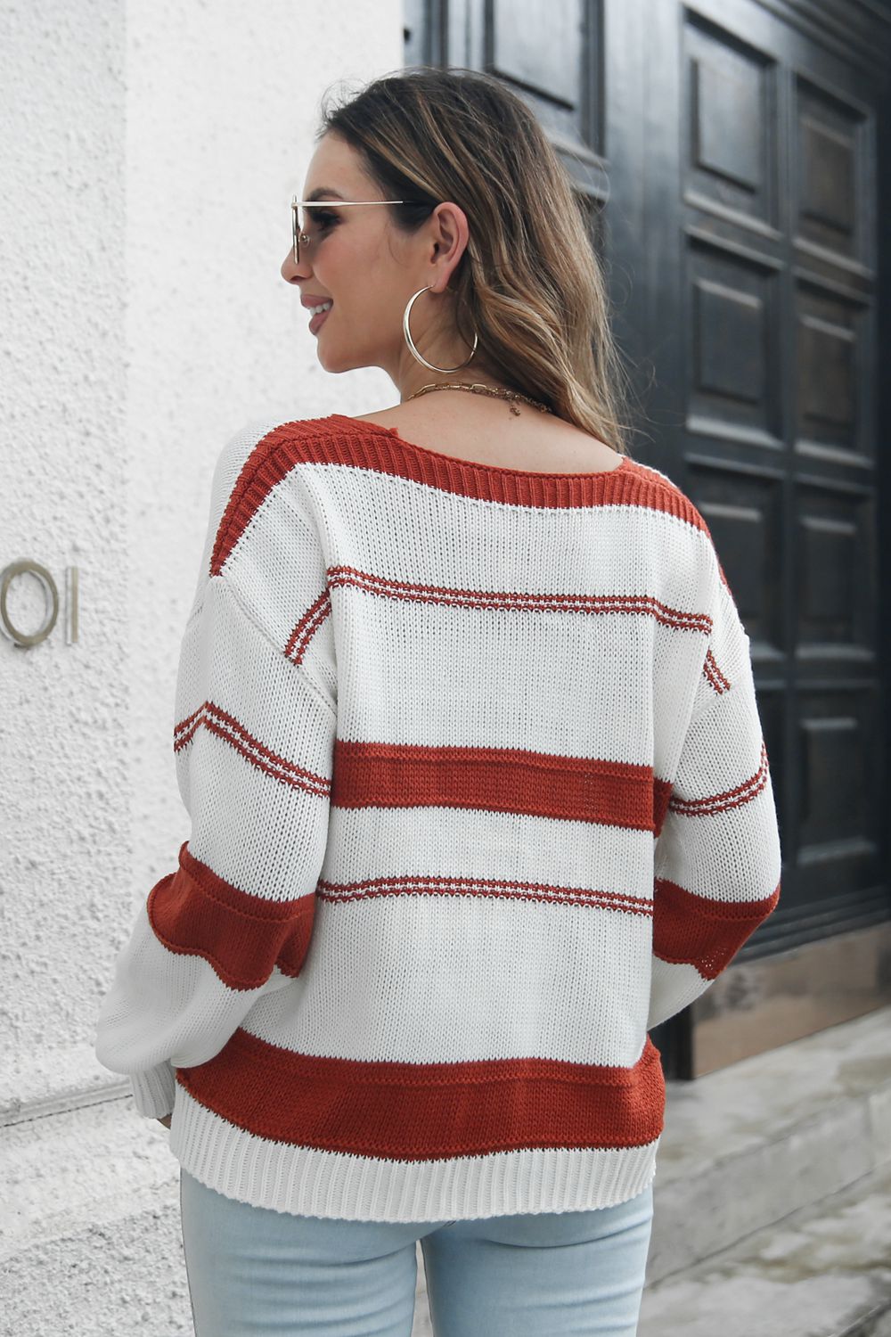 Honeybee Mumford's Striped V-Neck Drop Shoulder Sweater