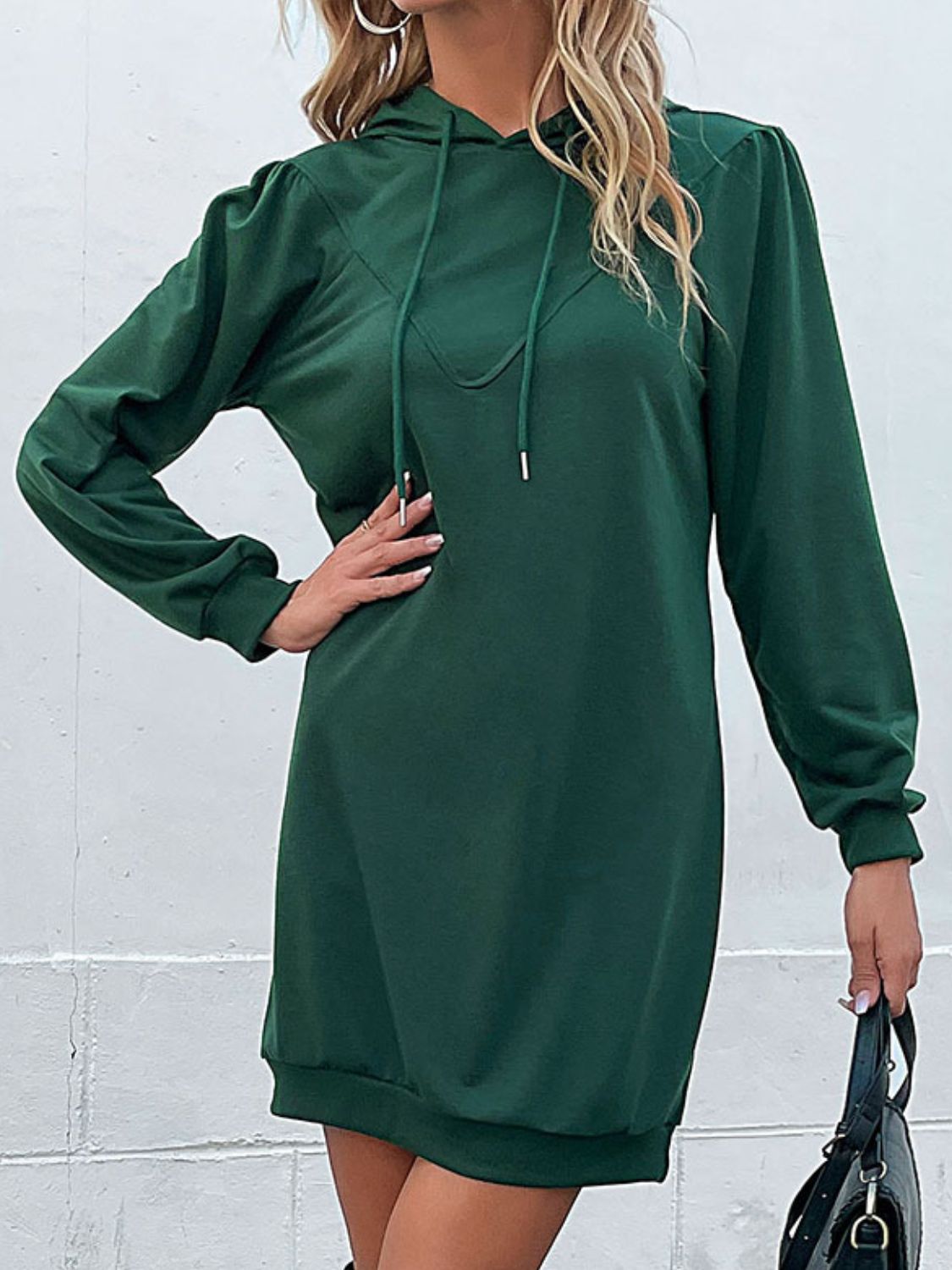 Honeybee Mumford's Green Drawstring Puff Sleeve Hooded Dress