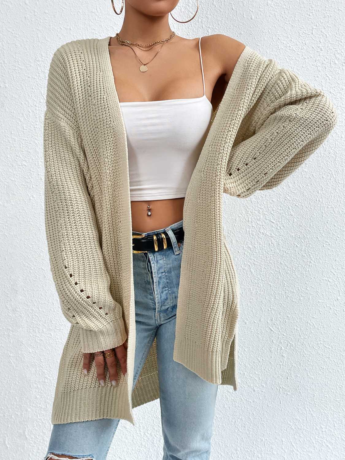 Honeybee Mumford's Open Front Dropped Shoulder Slit Cardigan