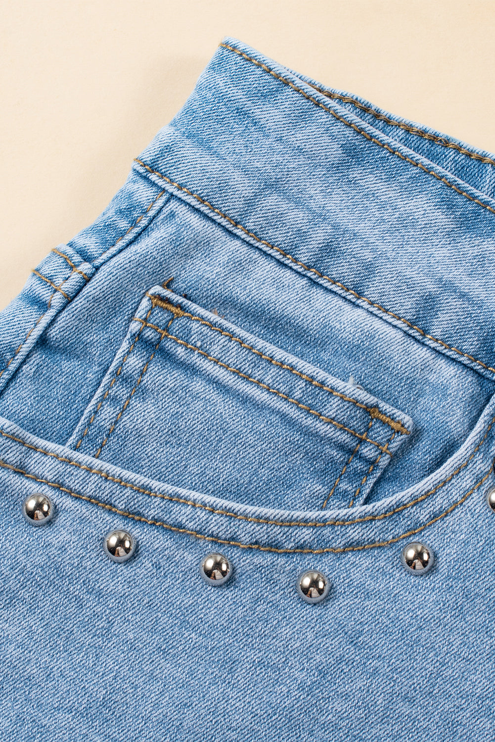 Honeybee Mumford's Sky Blue Stud Embellished High Waist Denim Shorts