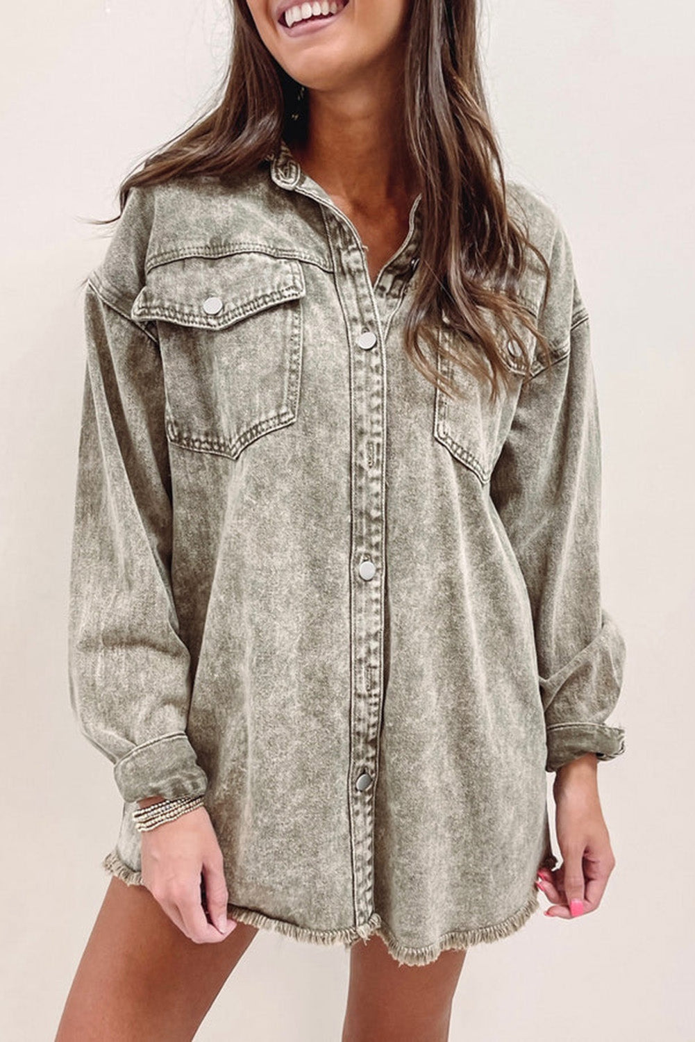 Honeybee Mumford's Sage Green Acid Wash Flap Pocket Raw Hem Tunic Denim Jacket