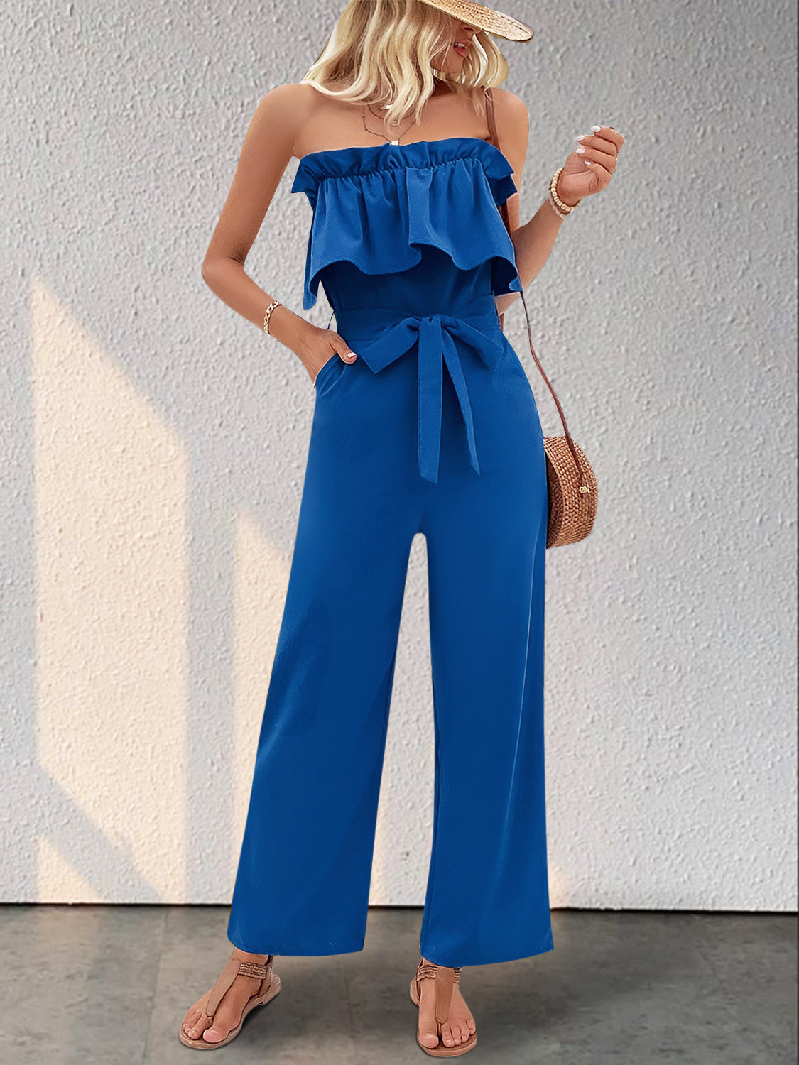 Honeybee Mumford's Ruffled Tie Waist Tube Jumpsuit