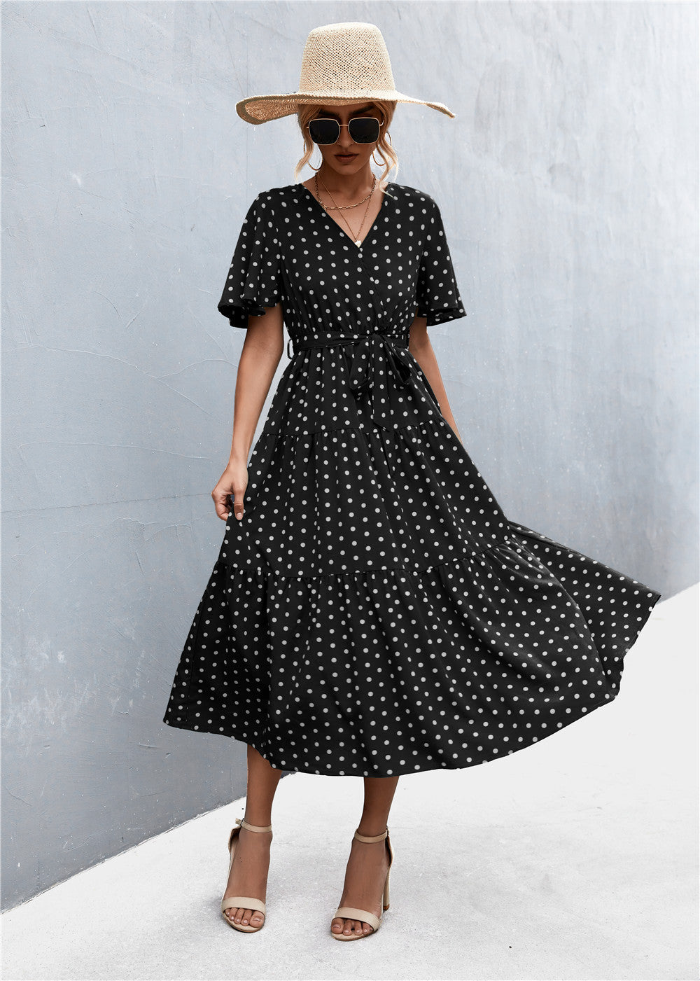 Honeybee Mumford's V-Neck Flutter Sleeve Belted Dress