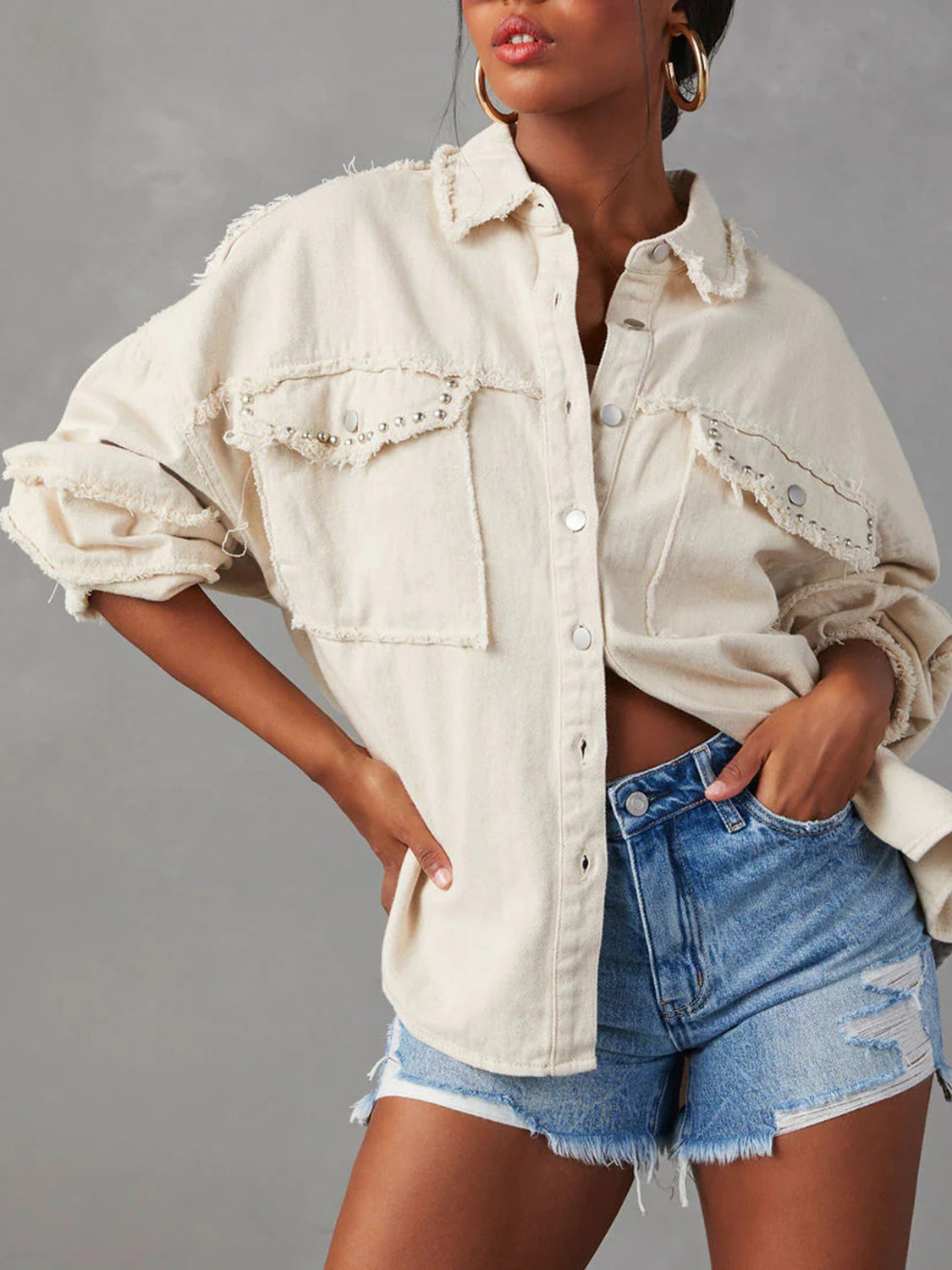 Honeybee Mumford's Button Down Denim Jacket w/Raw Hem in Ivory & Light Blue