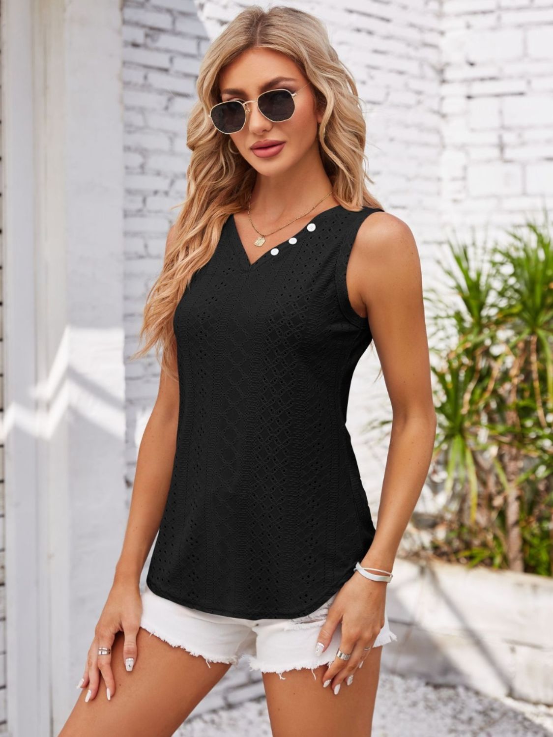 Honeybee Mumford's Eyelet Decorative Button V-Neck Tank