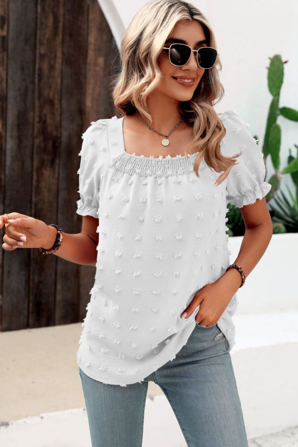 Honeybee Mumford's Swiss Dot Puff Sleeve Square Neck Blouse