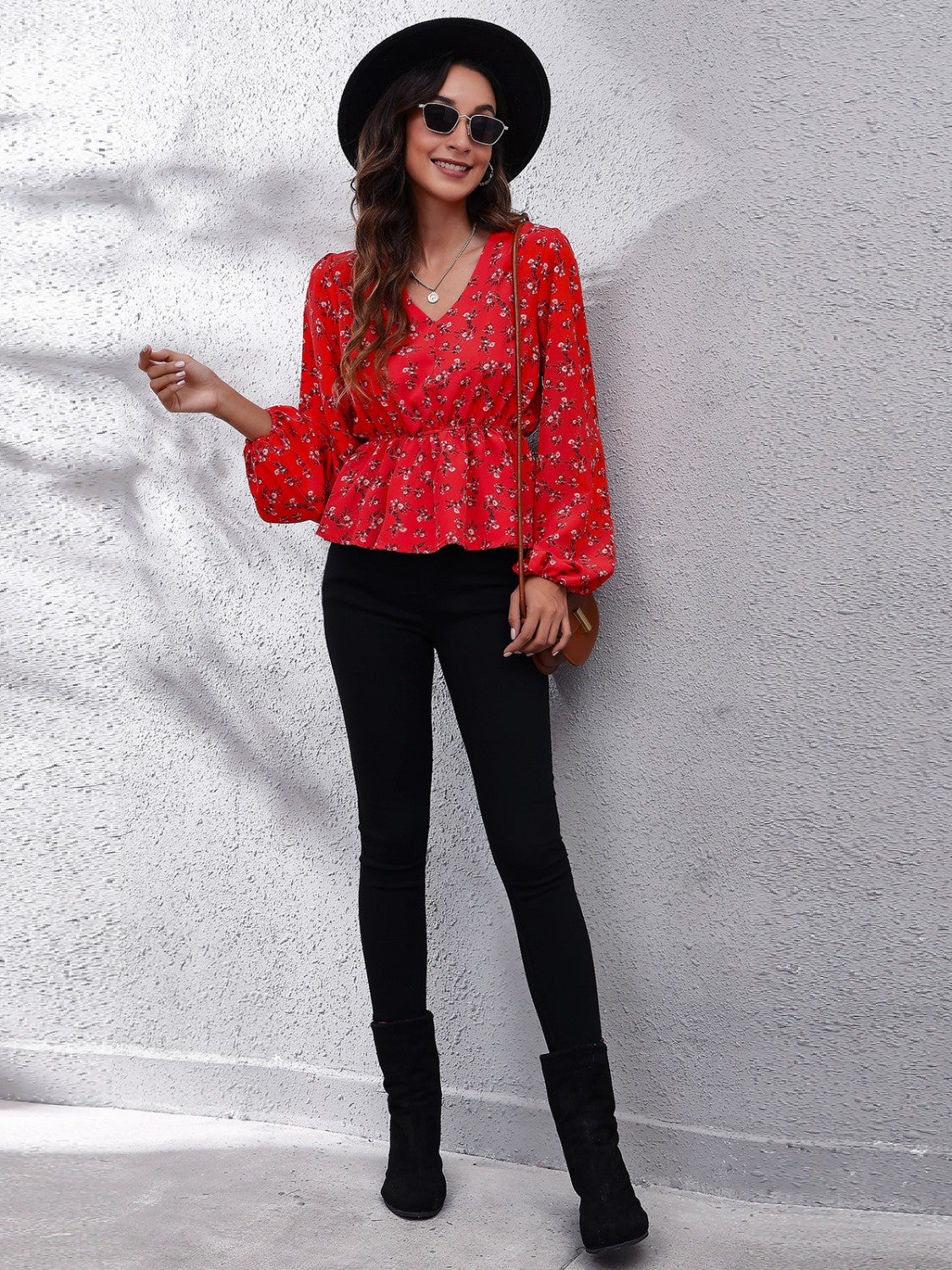 Honeybee Mumford's Floral V-Neck Balloon Sleeve Peplum Blouse