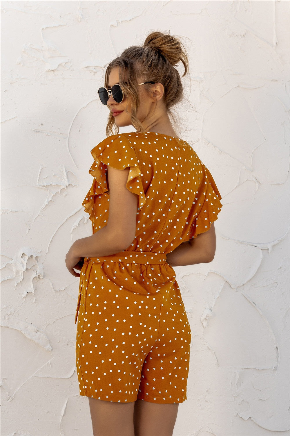 Honeybee Mumford's Ruffled Polka Dot Half Button Romper