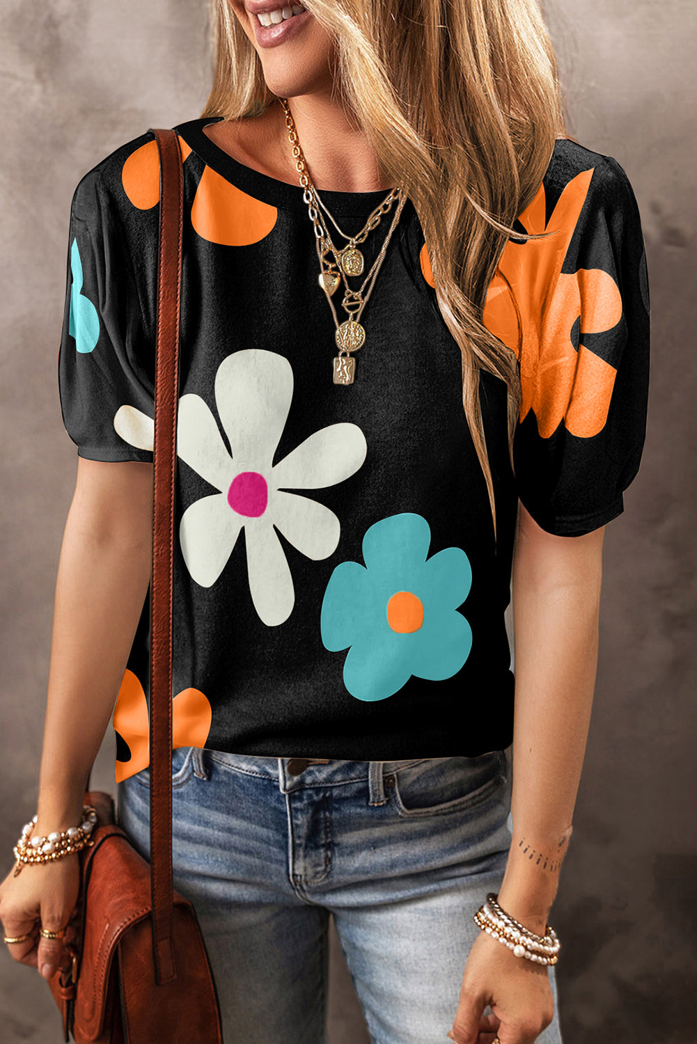 Honeybee Mumford's Flower Round Neck Short Sleeve Blouse