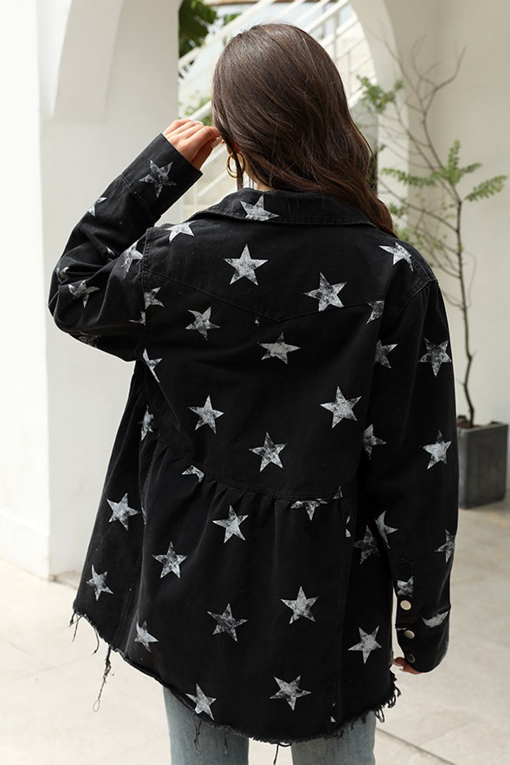 Honeybee Mumford's Collared Neck Star Print Long Sleeve Denim Jacket