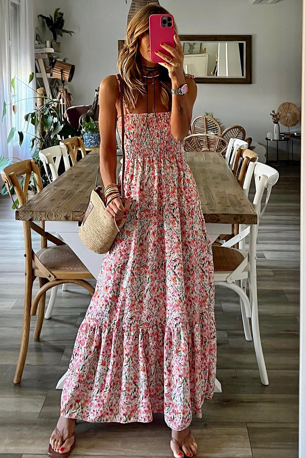 Honeybee Mumford's White Boho Floral Smocked Ruffled Maxi Dress