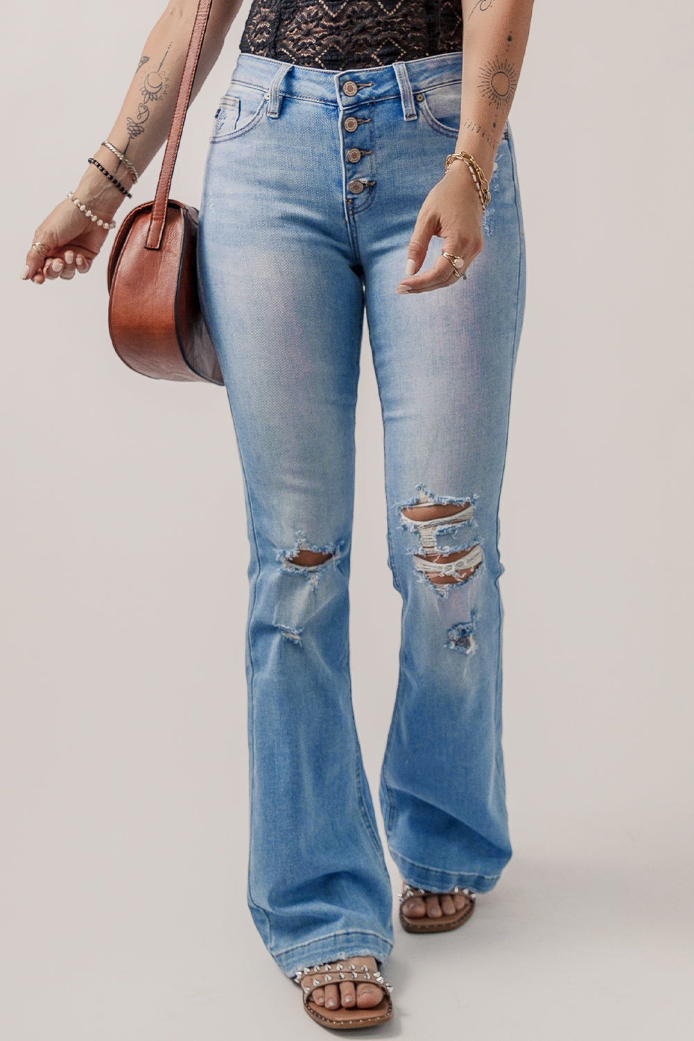 Honeybee Mumford's Beau Blue High Waist Button Front Ripped Flare Jeans