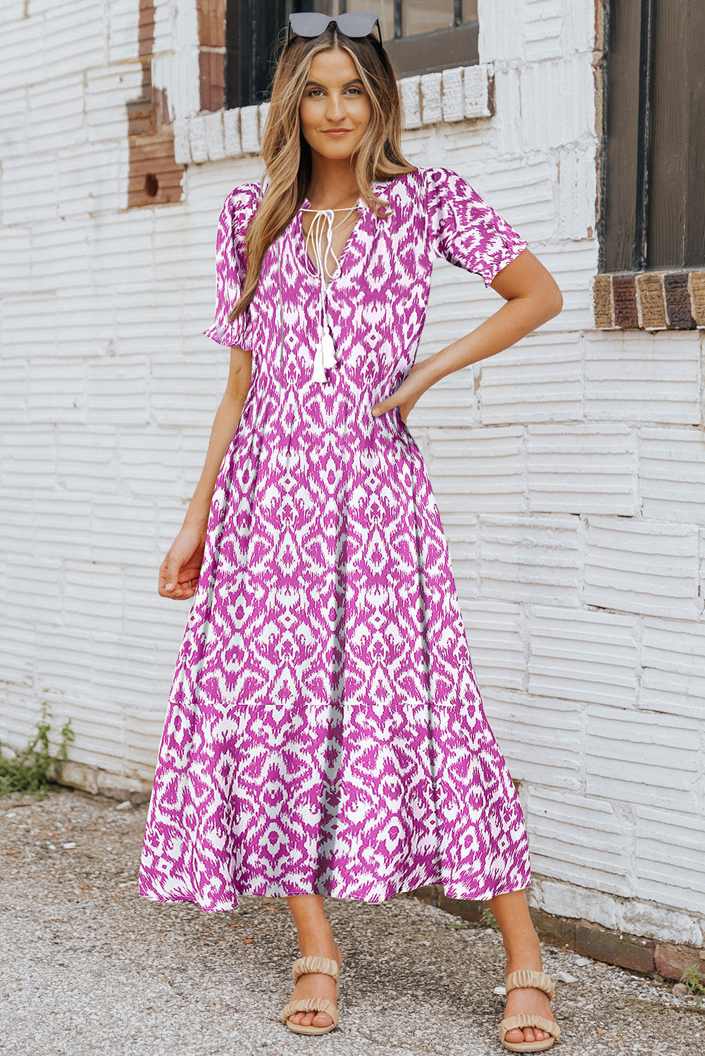 Honeybee Mumford's Pink V Neck Casual Geometric Print Maxi Dress