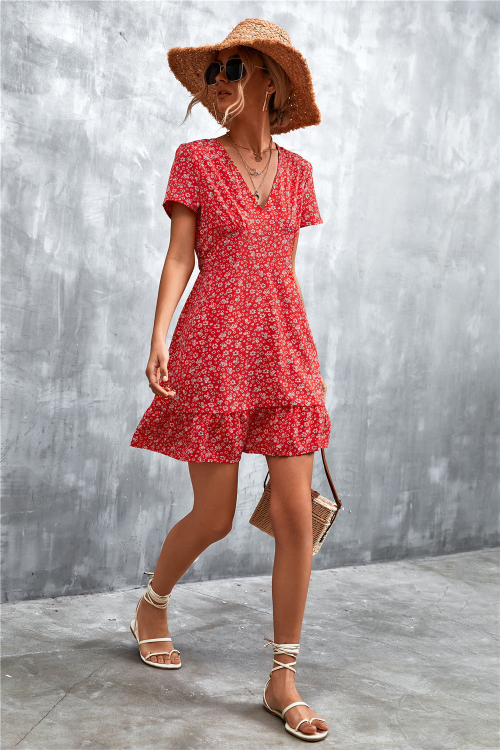 Honeybee Mumford's Ditsy Floral V-Neck Short Sleeve Dress