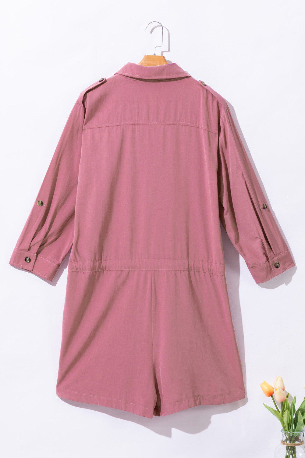 Honeybee Mumford's Pink Roll up Sleeve Flap Pockets Drawstring Playsuit