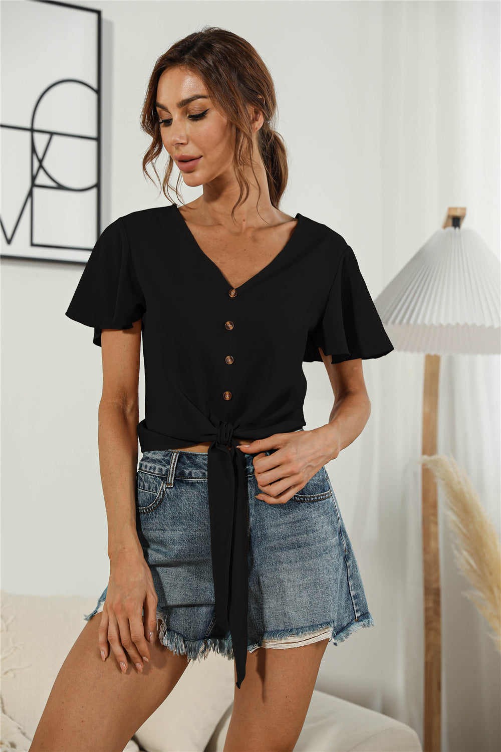 Honeybee Mumford's Decorative Button V-Neck Tied Blouse