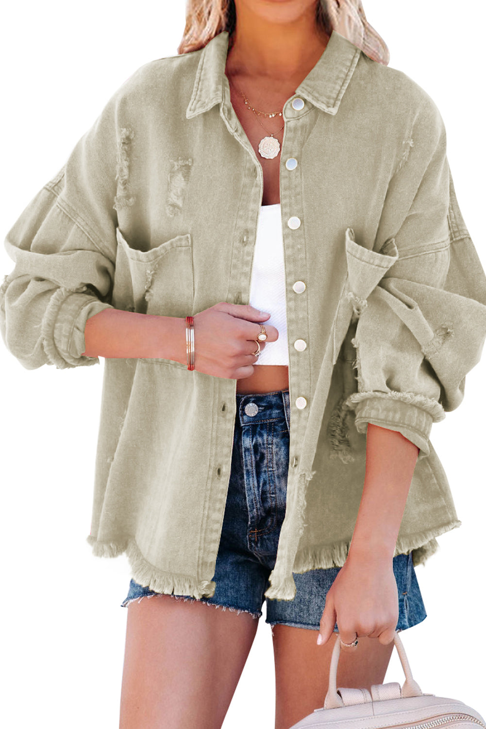 Honeybee Mumford's Green Distressed Fringe Trim Denim Jacket