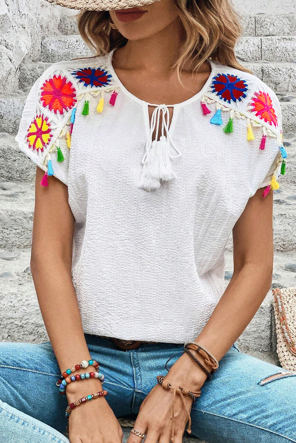 Honeybee Mumford's Tassel Tie Neck Short Sleeve Blouse