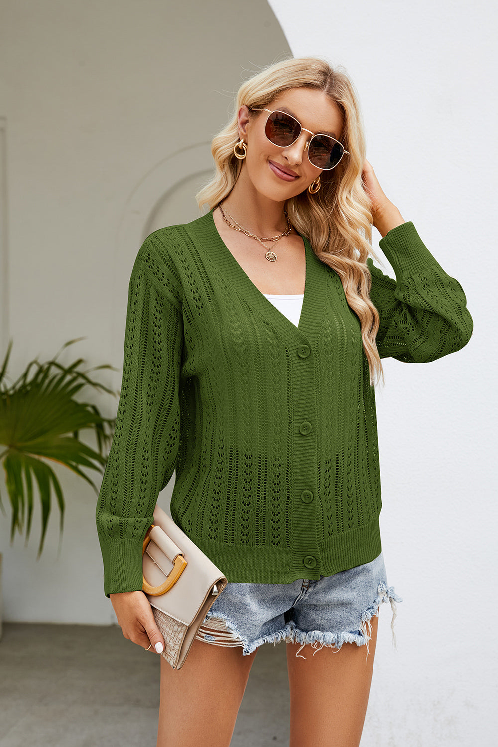 Honeybee Mumford's Openwork Button Front V-Neck Cardigan