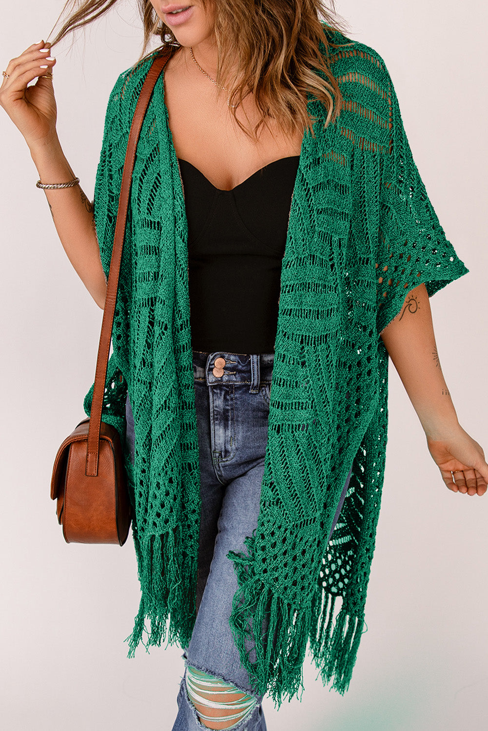 Honeybee Mumford's Openwork Open Front Cardigan with Fringes