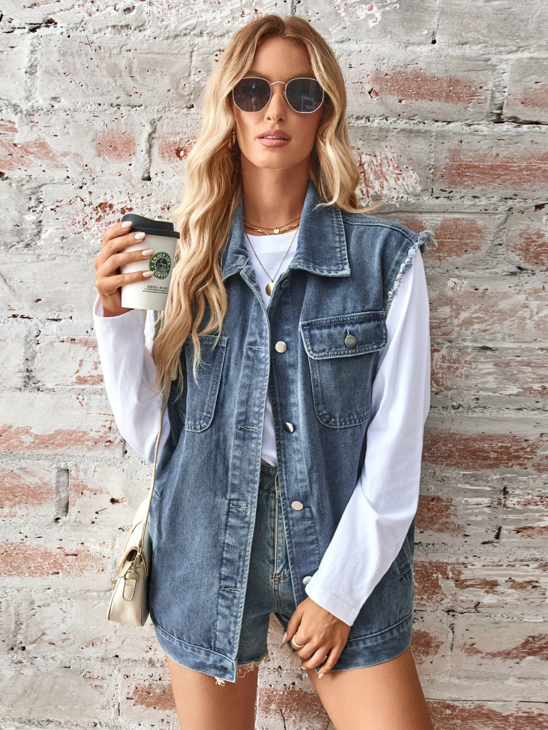 Honeybee Mumford's Raw Hem Sleeveless Button Up Denim Jacket