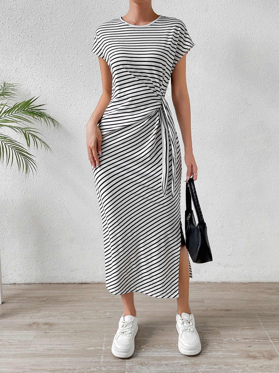 Honeybee Mumford's Tied Striped Round Neck Short Sleeve Tee maxi Dress