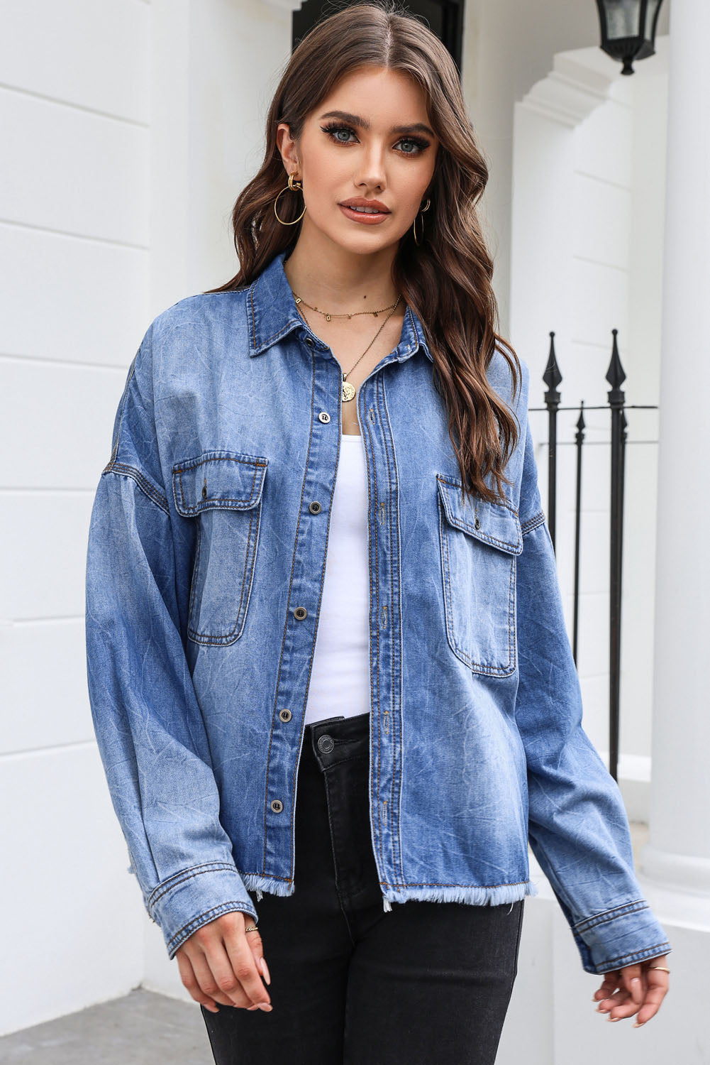 Honeybee Mumford's Raw Hem Pocketed Collared Neck Denim Jacket