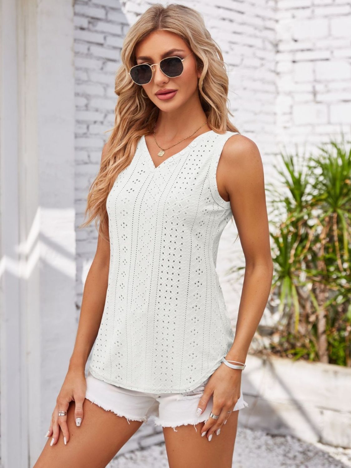 Honeybee Mumford's Eyelet Decorative Button V-Neck Tank