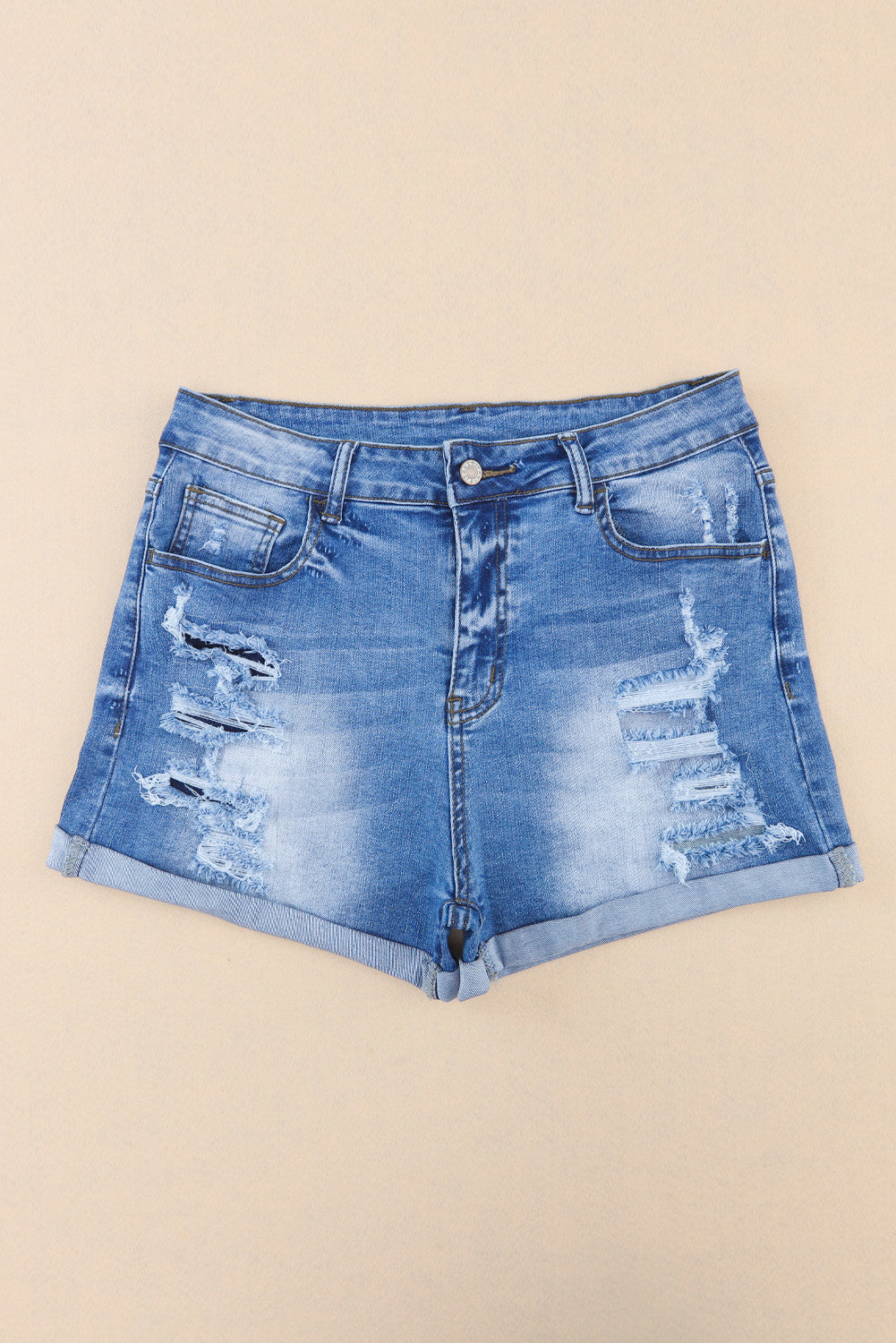 Honeybee Mumford's Sky Blue Vintage Distressed High Waist Pocket Denim Shorts