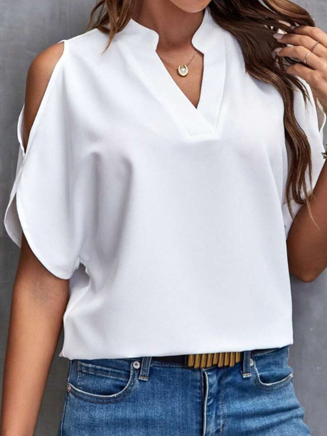 Honeybee Mumford's Notched Cold Shoulder Half Sleeve Blouse