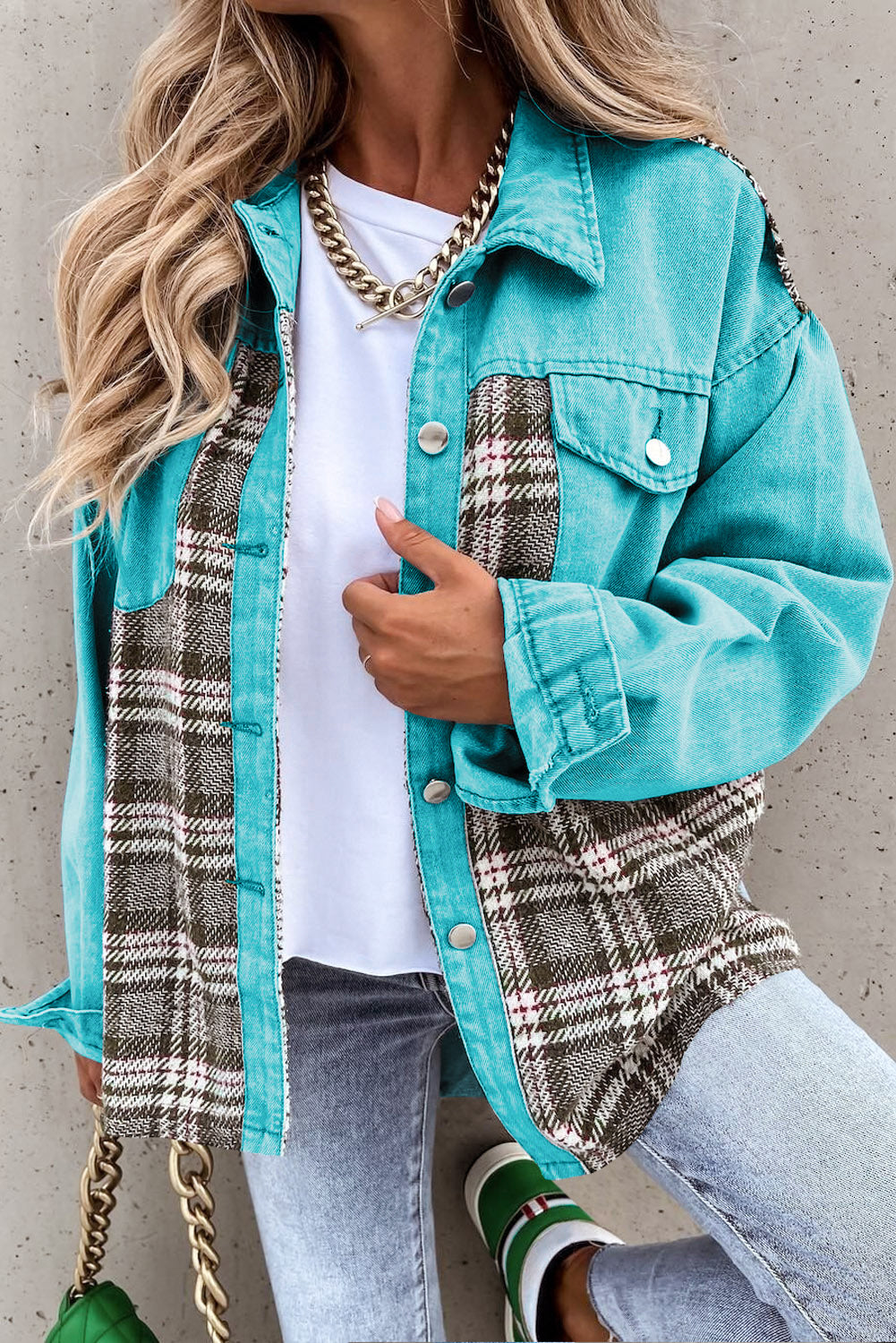 Honeybee Mumford's Sky Blue Plaid Patchwork Pockets Denim Jacket