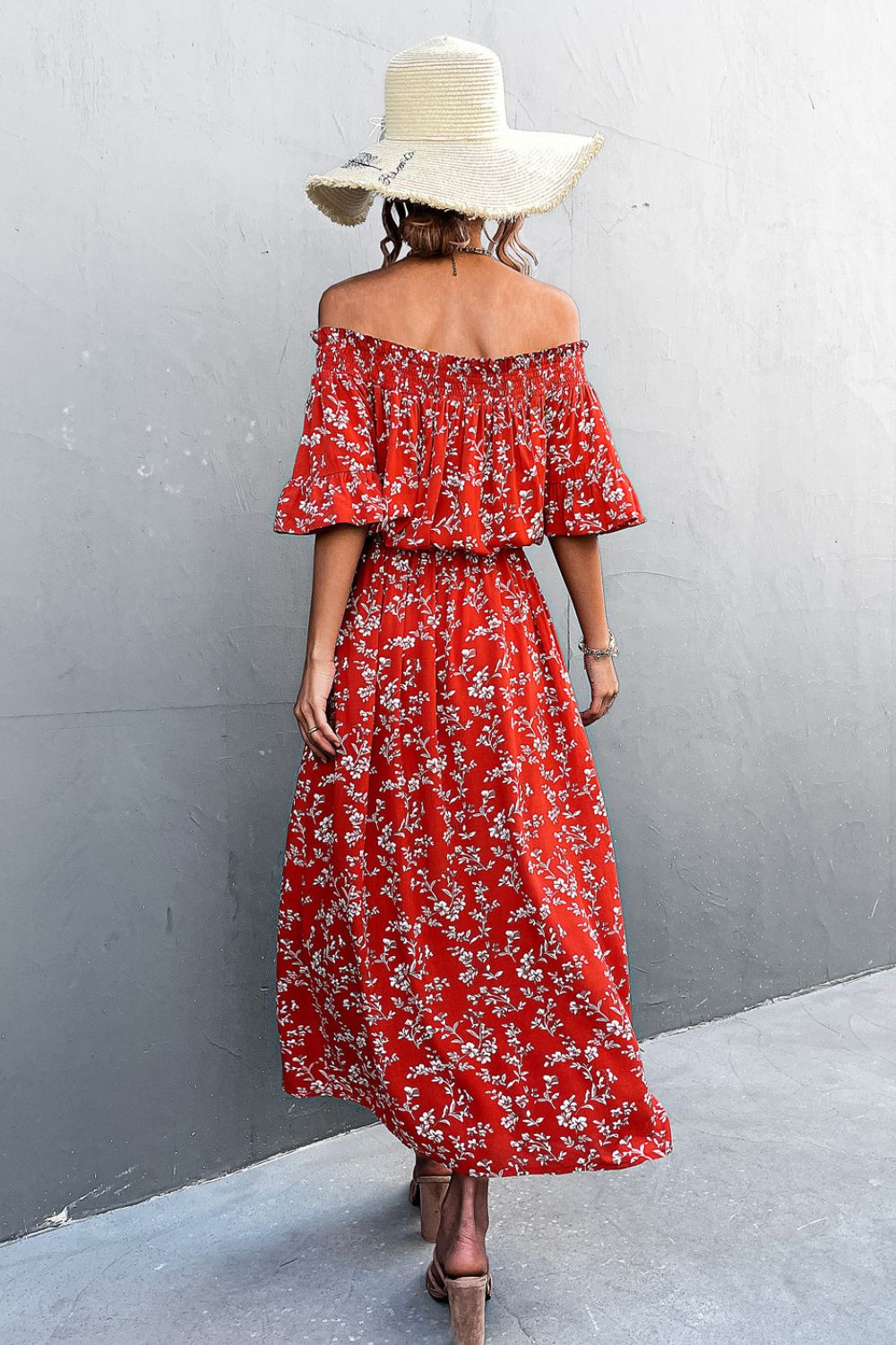 Honeybee Mumford's Floral Off-Shoulder Front Split Dress